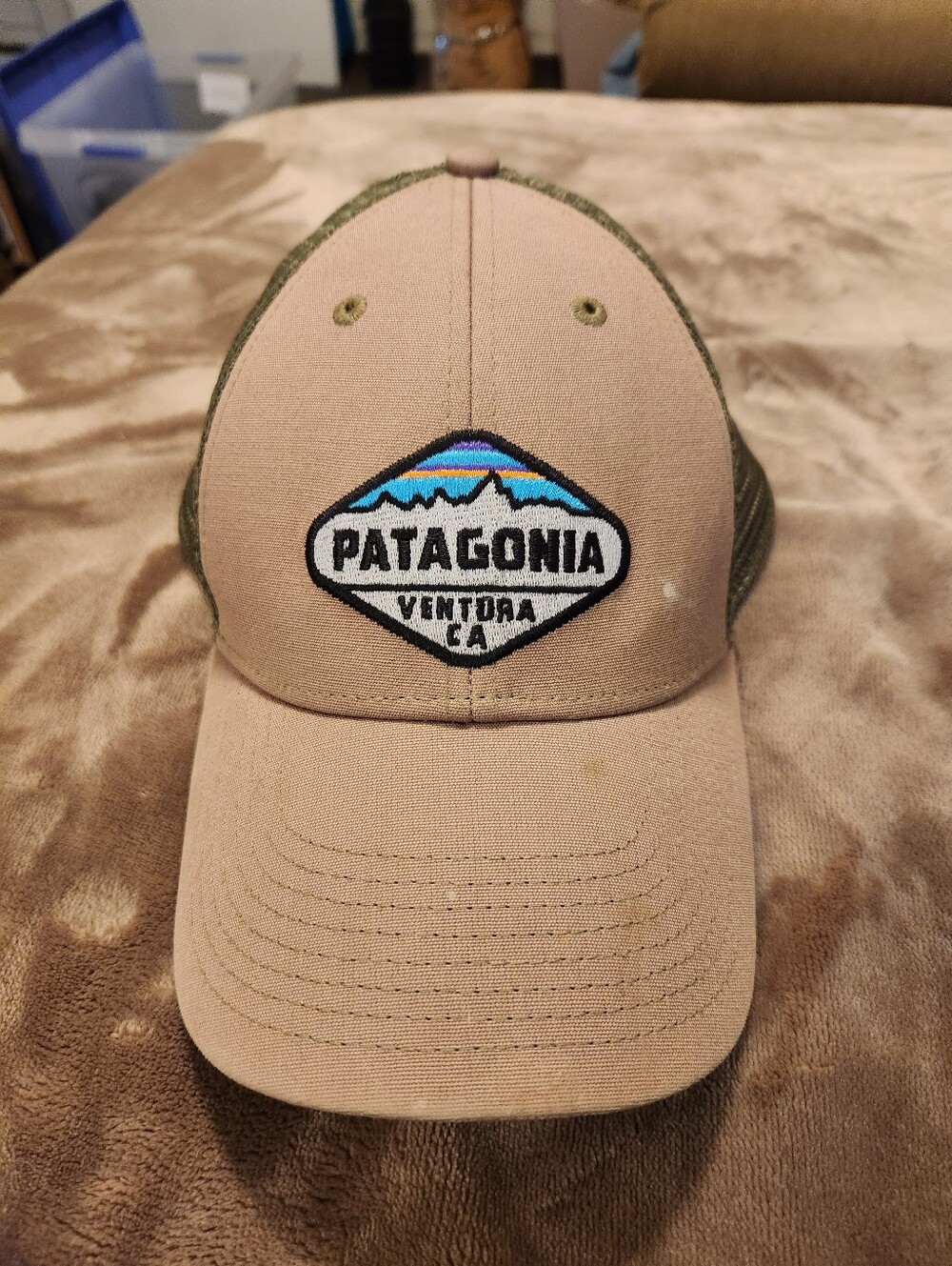 Patagonia Tan Front Trucker Hat with Green Mesh